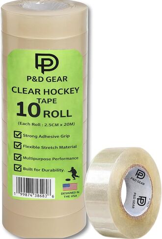 عبوة من 10 أشرطة هوكي شفافة من بي آند دي جير - جورب ممتاز متعدد الأغراض وشريط معدات للاعبي الهوكي - لاصق قوي، سهل التمدد والتمزق، قبضة متينة لواقيات الساق والجوارب والوسادات والعتاد (10 عبوات) in Kuwait