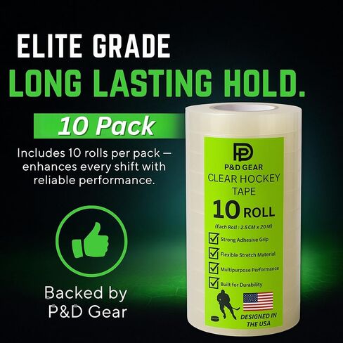عبوة من 10 أشرطة هوكي شفافة من بي آند دي جير - جورب ممتاز متعدد الأغراض وشريط معدات للاعبي الهوكي - لاصق قوي، سهل التمدد والتمزق، قبضة متينة لواقيات الساق والجوارب والوسادات والعتاد (10 عبوات) in Kuwait