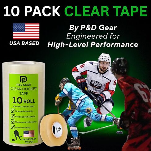 عبوة من 10 أشرطة هوكي شفافة من بي آند دي جير - جورب ممتاز متعدد الأغراض وشريط معدات للاعبي الهوكي - لاصق قوي، سهل التمدد والتمزق، قبضة متينة لواقيات الساق والجوارب والوسادات والعتاد (10 عبوات) in Kuwait