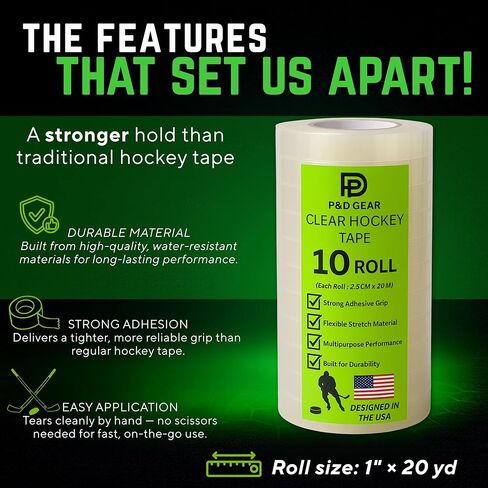 عبوة من 10 أشرطة هوكي شفافة من بي آند دي جير - جورب ممتاز متعدد الأغراض وشريط معدات للاعبي الهوكي - لاصق قوي، سهل التمدد والتمزق، قبضة متينة لواقيات الساق والجوارب والوسادات والعتاد (10 عبوات) in Kuwait
