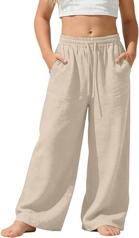 Girls Linen Pants Flowy Drawstring Elastic Waist Summer Beach Pant Kids Cotton Lightweight Loose Boho Lounge Trousers in Saudi Arabia
