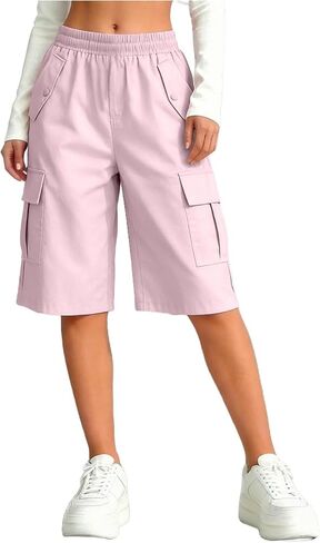Girls' Cargo Shorts Summer Casual Elastic Waist Wide Leg Bermuda Shorts Kids Knee Length Athletic Pants with Pockets in Saudi Arabia