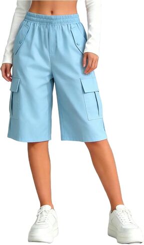 Girls' Cargo Shorts Summer Casual Elastic Waist Wide Leg Bermuda Shorts Kids Knee Length Athletic Pants with Pockets in Saudi Arabia