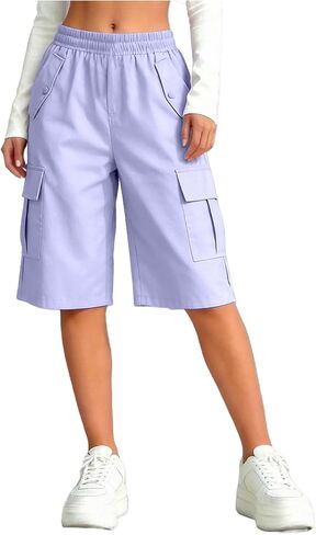 Girls' Cargo Shorts Summer Casual Elastic Waist Wide Leg Bermuda Shorts Kids Knee Length Athletic Pants with Pockets in Saudi Arabia