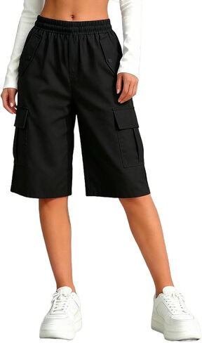 Girls' Cargo Shorts Summer Casual Elastic Waist Wide Leg Bermuda Shorts Kids Knee Length Athletic Pants with Pockets in Saudi Arabia
