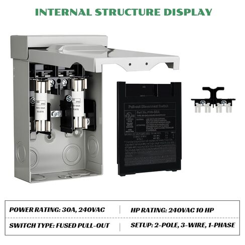 صندوق فصل 30 أمبير مع صمامات، حاوية معدنية مقاومة للماء في الهواء الطلق مع مفتاح سحب، مدرج في قائمة UL، قطع التيار المتردد لتكييف الهواء ونظام التدفئة والتهوية وتكييف الهواء المنزلي (يشمل المصهر) (30 أمبير) in Kuwait