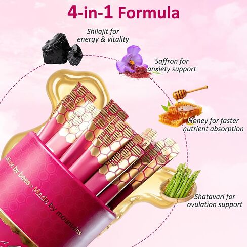 Honey Sticks Shilajit for Women with Shatavari and Saffron, Natural Energy, Strawberry Flavor, Hormonal Balance, Focus & Vitality Support, Tasty Shilajit Honeysticks with Himalayan Shilajit, 30 Sticks in Saudi Arabia
