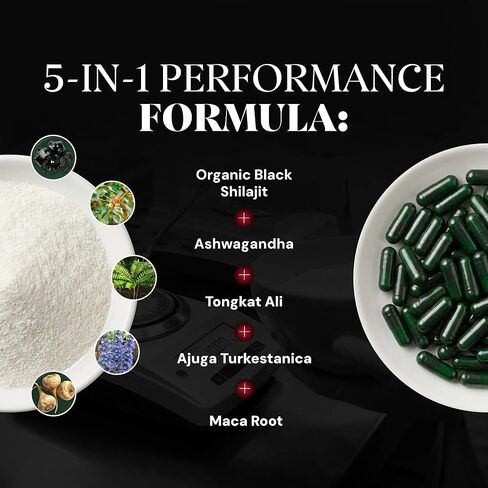 شيلاجيت الهيمالايا 5 في 1 للرجال والنساء – 1250 ملجم | اشواغاندا، تونغكات علي، جذور الماكا والتركستيرون – 80% حمض الفولفيك – الطاقة والتستوستيرون والحيوية، (60 كبسولة نباتية) in Kuwait