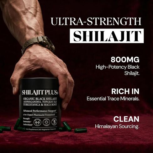 شيلاجيت الهيمالايا 5 في 1 للرجال والنساء – 1250 ملجم | اشواغاندا، تونغكات علي، جذور الماكا والتركستيرون – 80% حمض الفولفيك – الطاقة والتستوستيرون والحيوية، (60 كبسولة نباتية) in Kuwait