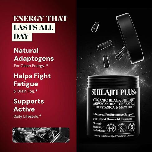 شيلاجيت الهيمالايا 5 في 1 للرجال والنساء – 1250 ملجم | اشواغاندا، تونغكات علي، جذور الماكا والتركستيرون – 80% حمض الفولفيك – الطاقة والتستوستيرون والحيوية، (60 كبسولة نباتية) in Kuwait