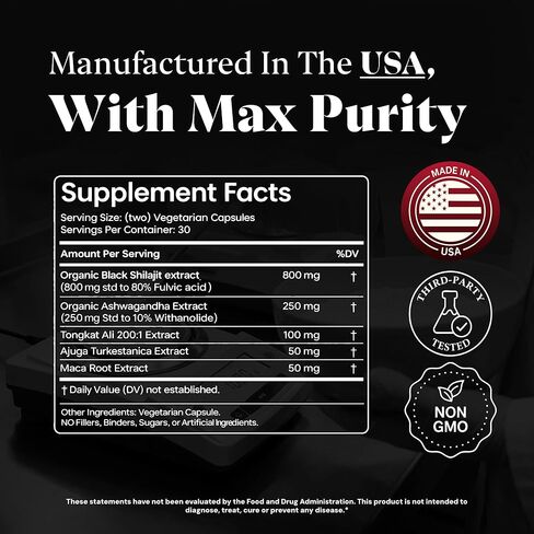 شيلاجيت الهيمالايا 5 في 1 للرجال والنساء – 1250 ملجم | اشواغاندا، تونغكات علي، جذور الماكا والتركستيرون – 80% حمض الفولفيك – الطاقة والتستوستيرون والحيوية، (60 كبسولة نباتية) in Kuwait