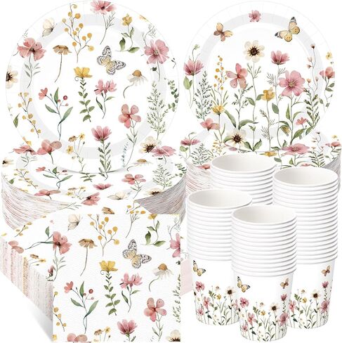 250 Pcs Floral Disposable Tableware Set Wildflower Disposable Paper Plates Vintage Floral Napkins and Cups for Wedding Tea Party Decoration Bridal Shower Baby Shower(Rustic Style) in Kuwait