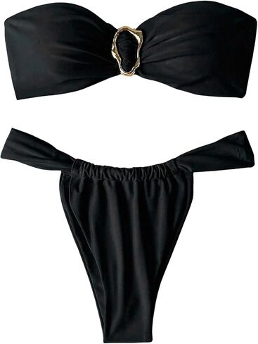 Shenhe Women's المكون من قطعة 2 حلقة Swimsuit Metal Ring عالية قطع Thong Ruched Bandeau Bikini in Saudi Arabia