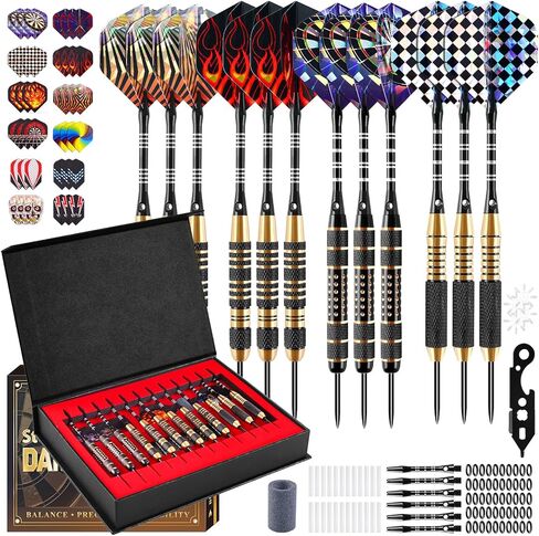 CHERAINTI Darts Metal Tip Set, 12 PCS Professional Steel Tip Darts for Dartboard with 20g 22g 24g Brass Barrels, 18 Aluminum Shafts, 36 Flights, 50 Rubber O-Rings, Sharpener Tool Kit and Gift Box in Kuwait