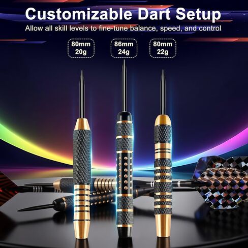 CHERAINTI Darts Metal Tip Set, 12 PCS Professional Steel Tip Darts for Dartboard with 20g 22g 24g Brass Barrels, 18 Aluminum Shafts, 36 Flights, 50 Rubber O-Rings, Sharpener Tool Kit and Gift Box in Kuwait