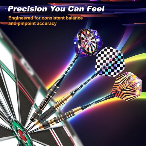 CHERAINTI Darts Metal Tip Set, 12 PCS Professional Steel Tip Darts for Dartboard with 20g 22g 24g Brass Barrels, 18 Aluminum Shafts, 36 Flights, 50 Rubber O-Rings, Sharpener Tool Kit and Gift Box in Kuwait