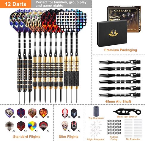 CHERAINTI Darts Metal Tip Set, 12 PCS Professional Steel Tip Darts for Dartboard with 20g 22g 24g Brass Barrels, 18 Aluminum Shafts, 36 Flights, 50 Rubber O-Rings, Sharpener Tool Kit and Gift Box in Kuwait