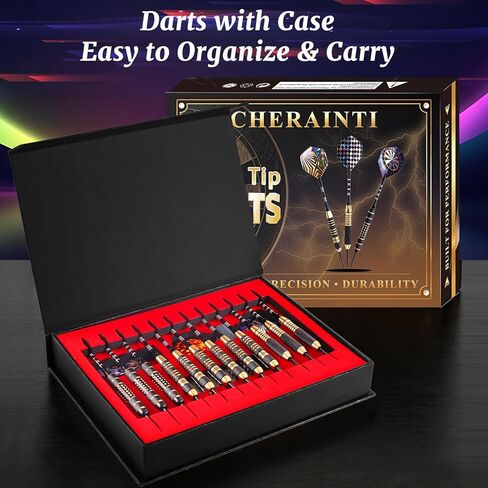 CHERAINTI Darts Metal Tip Set, 12 PCS Professional Steel Tip Darts for Dartboard with 20g 22g 24g Brass Barrels, 18 Aluminum Shafts, 36 Flights, 50 Rubber O-Rings, Sharpener Tool Kit and Gift Box in Kuwait