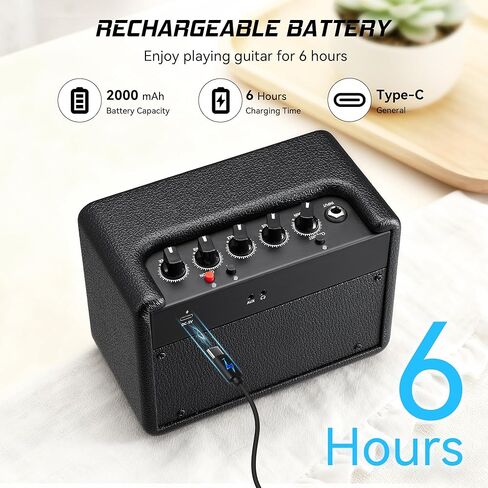 مضخم جيتار صغير 10 وات*1، مضخم جيتار كهربائي مع قناة نظيفة/محرك، يعمل 6 ساعات، مقبس سماعة رأس 3.5 مم/مقبس AUX، قابل لإعادة الشحن عبر USB-C، مضخم صوت محمول لاسلكي للتمرين الداخلي، والسفر in Kuwait