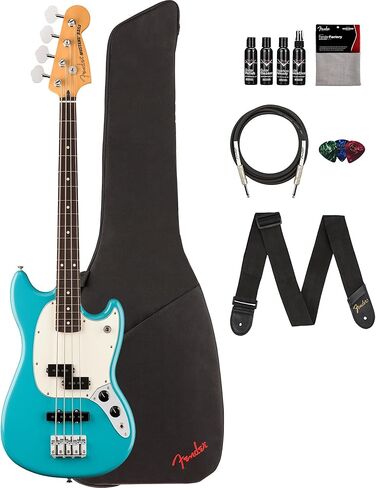 Fender Player II Mustang Bass PJ - حزمة Aquatone الزرقاء مع حقيبة الحفلة والحزام والكابل ومجموعة من 3 قطع ومجموعة تنظيف الجيتار in Saudi Arabia