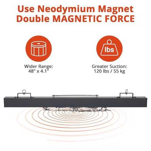 60" Hanging Magnetic Sweeper, 120 lbs Lifting Capacity Forklift Magnet with Quick Release Lever, Heavy-Duty Aluminum Casing for Warehouse, Construction Sites, Nail & Debris Removal in Saudi Arabia