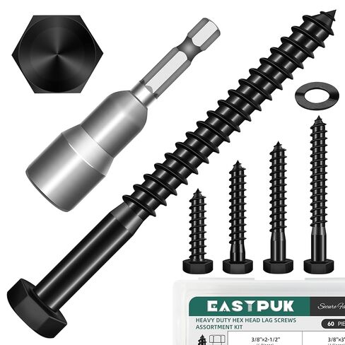 60Pcs 3/8" Hex Head Lag Screws, 304 Stainless Steel Wood Screws with Washers Kit with Socket, Black Oxided 3/8 Lag Bolts for Outdoor Woodworking in Saudi Arabia