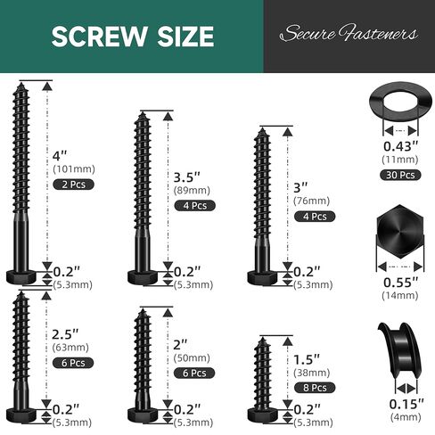 60Pcs 3/8" Hex Head Lag Screws, 304 Stainless Steel Wood Screws with Washers Kit with Socket, Black Oxided 3/8 Lag Bolts for Outdoor Woodworking in Saudi Arabia
