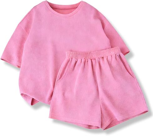 Size 6-12 Years Girl's Tracksuit Sets 2 Piece Outfits Letter Print Vacation Tee Top and Drawstring Waist Shorts in Kuwait