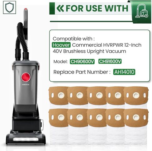 10 عبوات من أكياس المكنسة الكهربائية AH14010 لهوفر التجارية HVRPWR 40 فولت مكنسة كهربائية عمودية لاسلكية CH90600V، CH91600V | أكياس فلتر وسائط HEPA بسعة 5.5 لتر مع ترشيح من 5 طبقات وتصميم مانع للتسرب in Kuwait