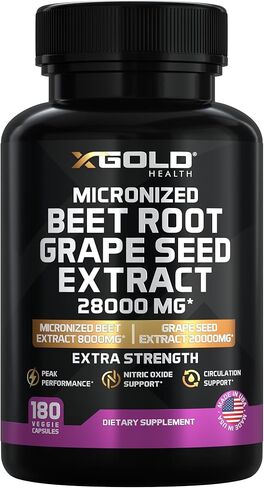 مستخلص جذر البنجر الصحي X + مستخلص بذور العنب - دعم أكسيد النيتريك للطاقة والقدرة على التحمل - 95% بوليفينول - غير معدل وراثيًا، نباتي - 180 كبسولة - للرجال والنساء - صنع في الولايات المتحدة الأمريكية in Kuwait