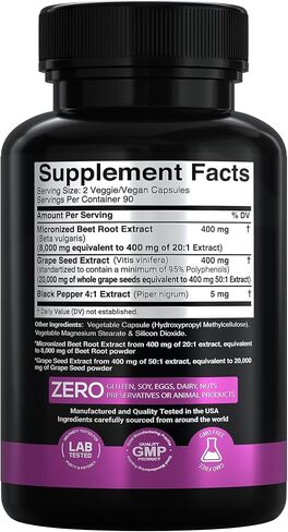 مستخلص جذر البنجر الصحي X + مستخلص بذور العنب - دعم أكسيد النيتريك للطاقة والقدرة على التحمل - 95% بوليفينول - غير معدل وراثيًا، نباتي - 180 كبسولة - للرجال والنساء - صنع في الولايات المتحدة الأمريكية in Kuwait