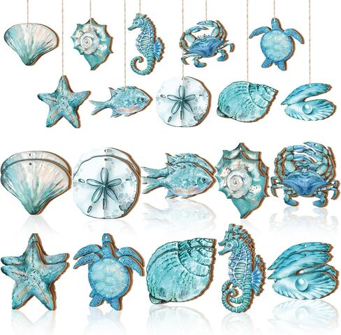 30 Pcs Summer Wooden Ornaments Ocean Beach Tree Decorations Coastal Wood Hanging Decor Beach Sea Animals Cutouts Ocean Hanging Ornaments for Summer Home Small Tree Party Office Supplies in Saudi Arabia