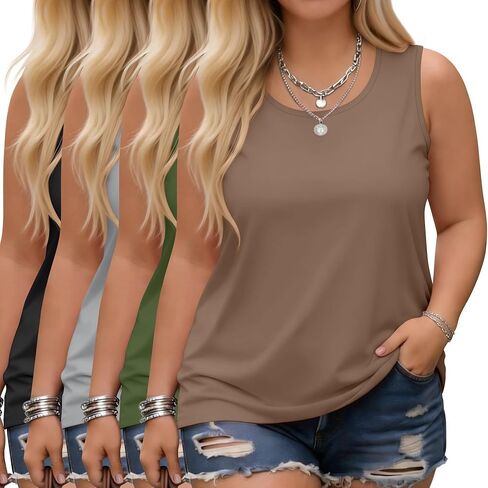 4 Pack Women's Cotton Plus Size Tank Tops, Scoop Neck Sleeveless Shirts Casual Summer Ladies Basic T-Shirts Tee in Saudi Arabia