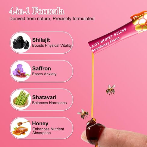 Shilajit Honey Sticks for Women, Strawberry Shilajit Honeysticks with Shatavari & Saffron, 75%+ Fulvic Acid & 85+ Trace Minerals for hormonal Balance & Energy Boost, Easy Single | 30 Sticks in Saudi Arabia