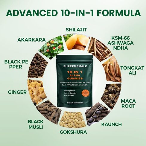 SupremeMale 10 في 1 علكات ألفا، علكات ألفا شيلاجيت للرجال، تدعم الطاقة اليومية، 60 قطعة (قطعة واحدة) in Kuwait