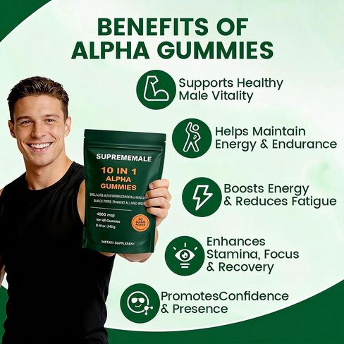 SupremeMale 10 في 1 علكات ألفا، علكات ألفا شيلاجيت للرجال، تدعم الطاقة اليومية، 60 قطعة (قطعة واحدة) in Kuwait