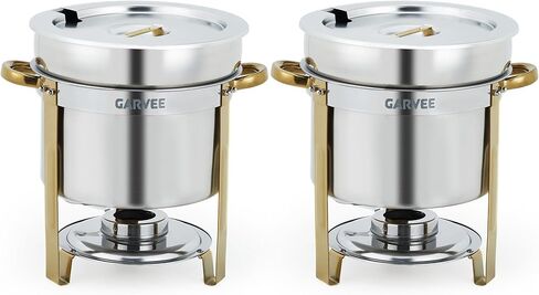 طقم شوربة مستديرة 7QT من GarveeHome مكون من قطعتين، سخان حساء تجاري مع وعاء وأغطية مسننة وحوامل وقود، سخان طعام من الفولاذ المقاوم للصدأ للبوفيهات وحفلات الزفاف ومآدب الطعام، ذهبي in Kuwait