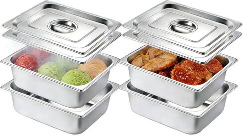 1/2 Half Size Hotel Pan with Lids, 4 Pack 4'' Deep Steam Table Pan with Lid, Stainless Steel Food Pans 12.7" L x 10.4" W Buffet Pan, Commercial Stainless Steel Pan for Home, Party, Restaurant, Hotel in Saudi Arabia