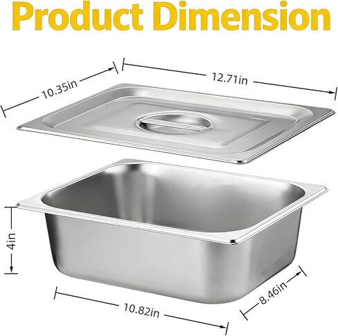 1/2 Half Size Hotel Pan with Lids, 4 Pack 4'' Deep Steam Table Pan with Lid, Stainless Steel Food Pans 12.7" L x 10.4" W Buffet Pan, Commercial Stainless Steel Pan for Home, Party, Restaurant, Hotel in Saudi Arabia