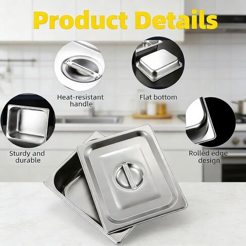 1/2 Half Size Hotel Pan with Lids, 4 Pack 4'' Deep Steam Table Pan with Lid, Stainless Steel Food Pans 12.7" L x 10.4" W Buffet Pan, Commercial Stainless Steel Pan for Home, Party, Restaurant, Hotel in Saudi Arabia