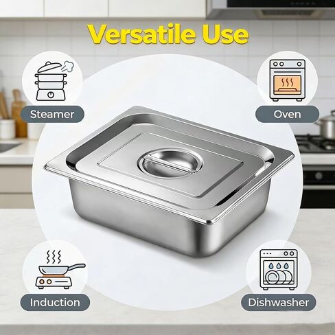1/2 Half Size Hotel Pan with Lids, 4 Pack 4'' Deep Steam Table Pan with Lid, Stainless Steel Food Pans 12.7" L x 10.4" W Buffet Pan, Commercial Stainless Steel Pan for Home, Party, Restaurant, Hotel in Saudi Arabia