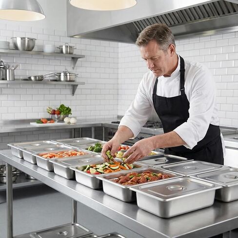 1/2 Half Size Hotel Pan with Lids, 4 Pack 4'' Deep Steam Table Pan with Lid, Stainless Steel Food Pans 12.7" L x 10.4" W Buffet Pan, Commercial Stainless Steel Pan for Home, Party, Restaurant, Hotel in Saudi Arabia
