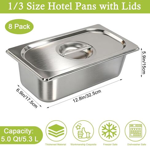 8 Pack 1/3 Size Hotel Pans with Lids, Commercial Stainless Steel Steam Table Pan, 6 Inch Deep Metal Food Container for Catering, Home, Restaurant, Party, Buffet in Kuwait