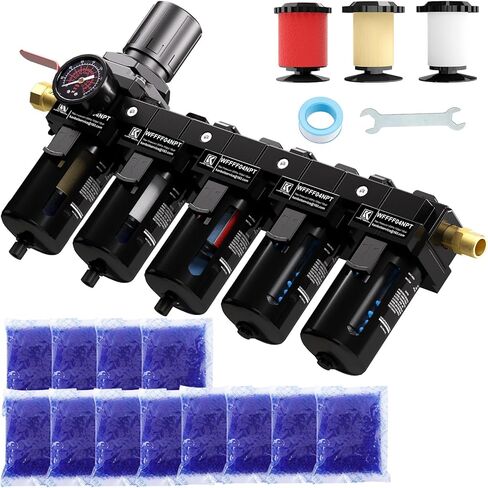 1/4" NPT 5 Stage Air Dryer for Compressor,Brass Filter&Coalescing Filter,Dual Desiccant Dryer and Air Regulator,Air Compressor Water Separator System,Semi-Auto Drain,150psi-Black in Saudi Arabia
