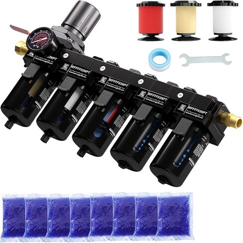 1/4" NPT 5 Stage Air Dryer for Compressor,Brass Filter&Coalescing Filter,Dual Desiccant Dryer and Air Regulator,Air Compressor Water Separator System,Semi-Auto Drain,150psi-Black in Saudi Arabia
