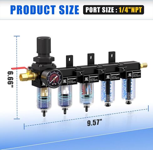 1/4" NPT 5 Stage Air Dryer for Compressor,Brass Filter&Coalescing Filter,Dual Desiccant Dryer and Air Regulator,Air Compressor Water Separator System,Semi-Auto Drain,150psi-Black in Saudi Arabia
