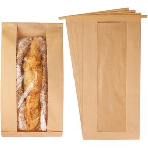 50 Pack Long Paper Bread Bags with Tabs for Homemade Sourdough, Resealable Bakery Bags with Window for Oval Sourdough Bread, Loaves, Pastries, Baguettes (6.3x2.7×13.7 Inches) | Grease Resistant in Kuwait