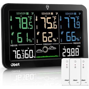 OBET Weather Station Wireless Indoor Outdoor Thermometer Wireless, Color Display Digital Temperature and Humidity Monitor with 3 Sensors, Alerts, Adjustable Backlight, USB Port (500 Feet) in Saudi Arabia