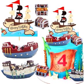 Pirate Ship Cake Topper Nautical Sailboat Model Decoration Set Gold Coins and Pirate Gems Pirate Treasure Chest Compass for Kids Pirate Birthday Party Supplies pirate cake decoration in Kuwait