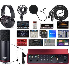 Focusrite Scarlett 2i2 4th Gen USB-C Audio Interface Recording Bundle with CM25 MkIII Condenser Mic, SH-450 Headphones, Pop Filter, Shock Mount, Stand, XLR Cable & Software Pack in Kuwait